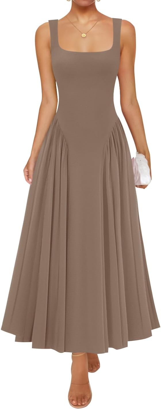 ZESICA Womens Summer Sleeveless Square Neck Vacation Sundress | Casual, A Line, Drop Waist, Beach Flowy, Maxi Dress, Elegant Formal, Wedding Guest, Cocktail Party