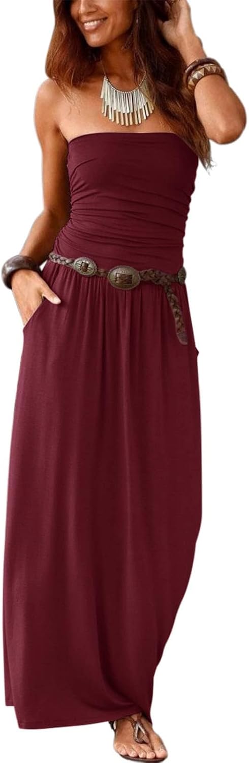 Alaster Queen Women\u2019s Strapless Bandeau Summer Long Floral Dress Off Shoulder Beach Maxi Dress with Pockets