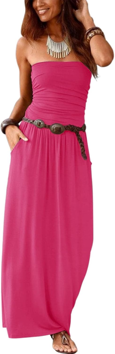 Alaster Queen Women\u2019s Strapless Bandeau Summer Long Floral Dress Off Shoulder Beach Maxi Dress with Pockets