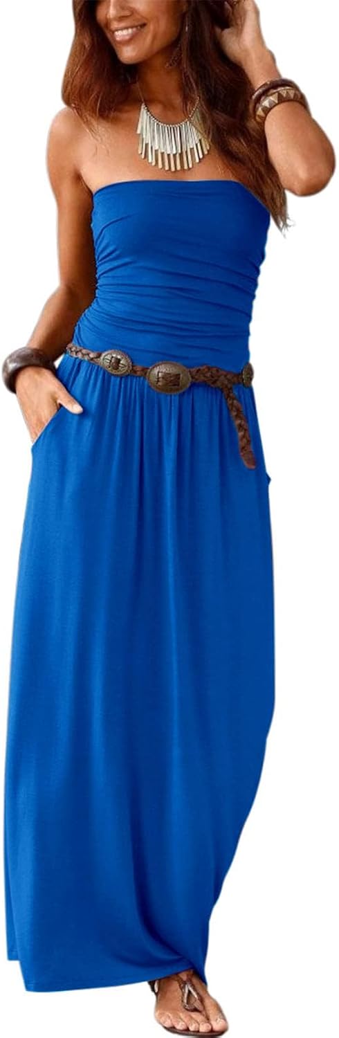 Alaster Queen Women\u2019s Strapless Bandeau Summer Long Floral Dress Off Shoulder Beach Maxi Dress with Pockets