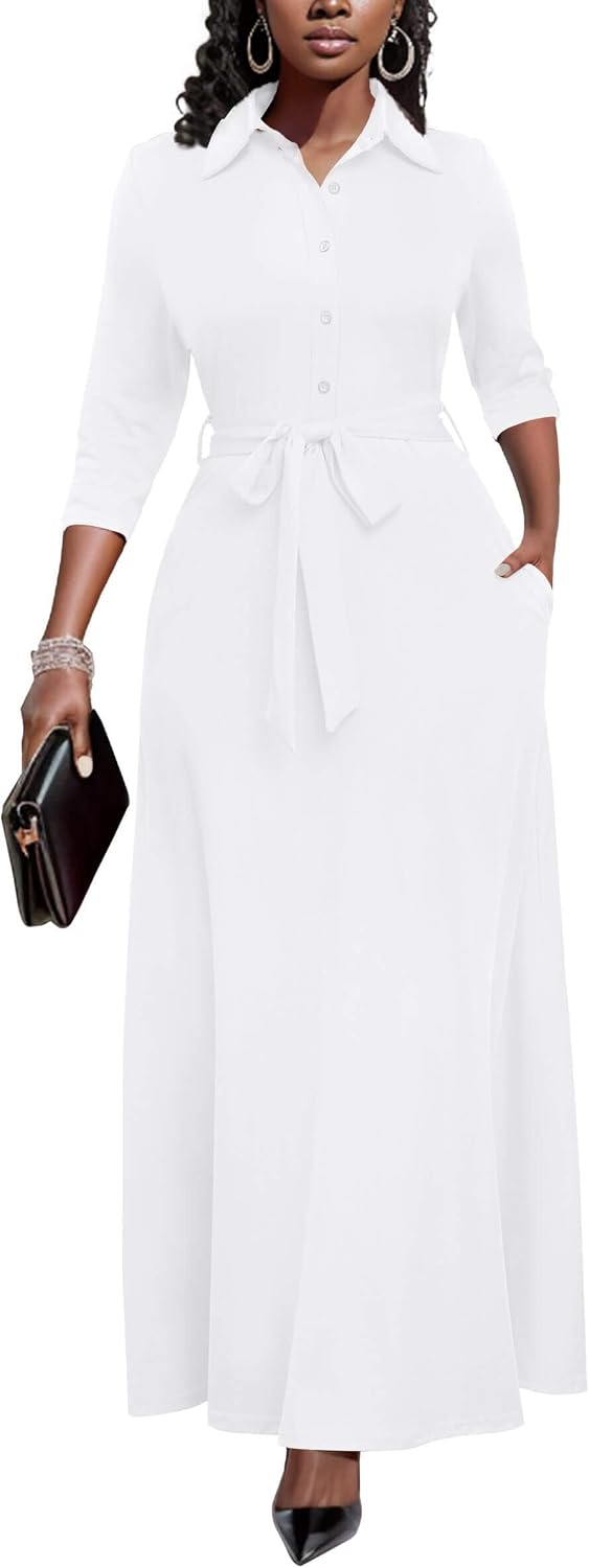 Runwind Womens Maxi Dress 3\/4 Sleeve Button Down Church Dress with Pockets | lapel neck tie waist long dress with belt\/ casual bussiness office dress\/ elegant for wedding guest, dinner party