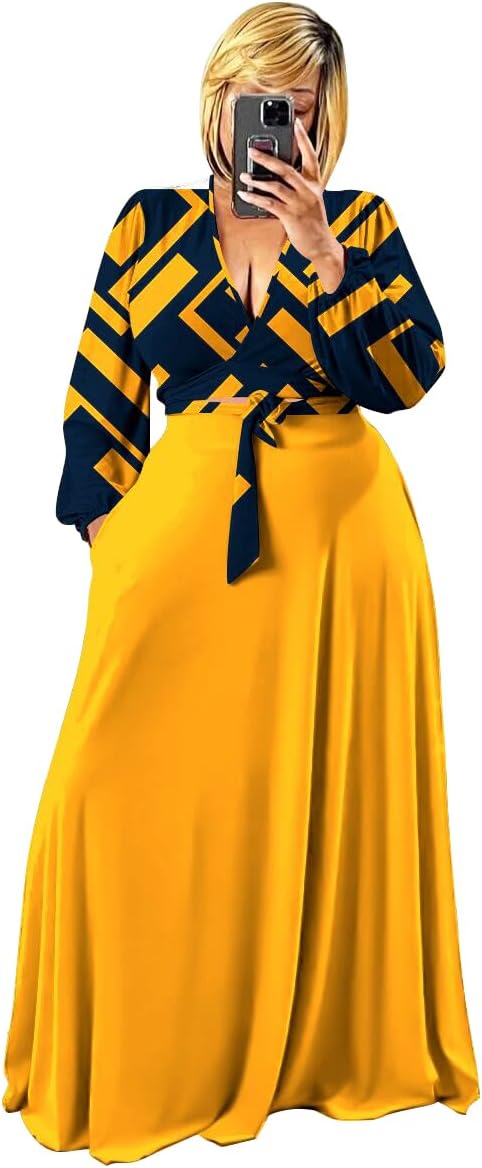 Plus Size Women's 2 Piece Outfits Casual Long Sleeve Wrap Crop Top Maxi Long Dress Flowy Matching Sets