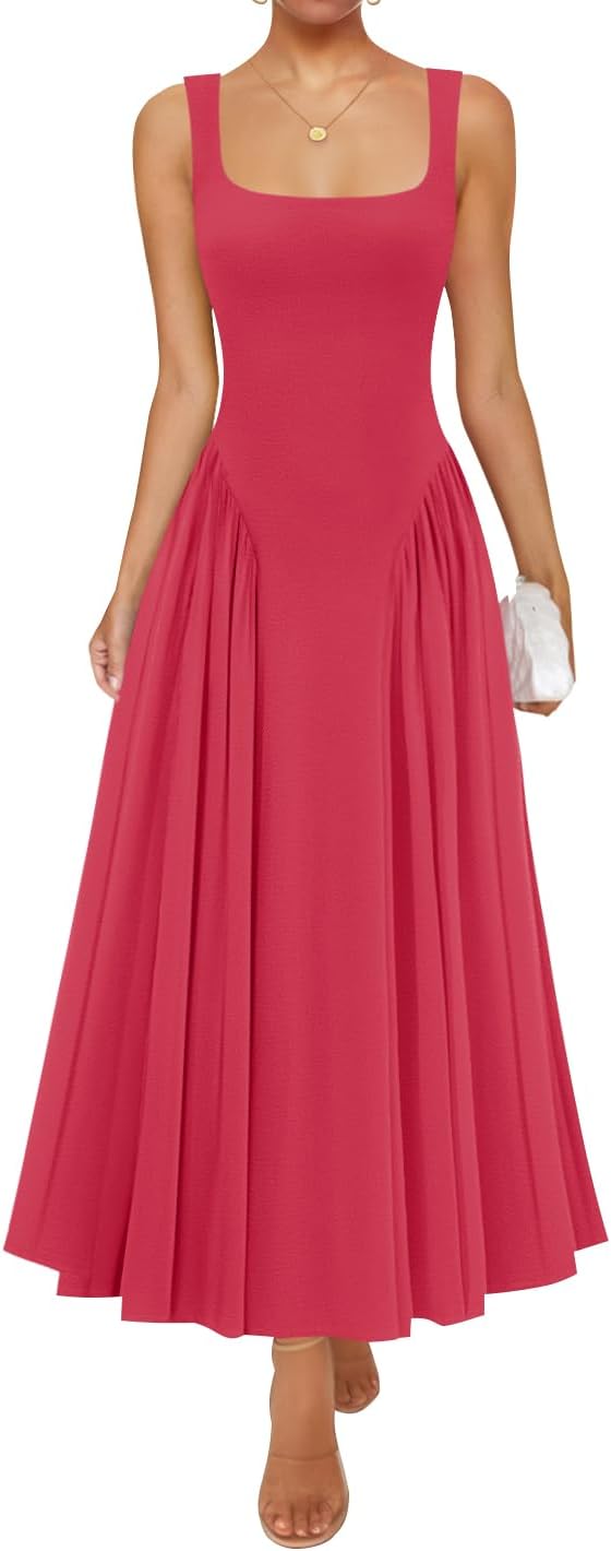 ZESICA Womens Summer Sleeveless Square Neck Vacation Sundress | Casual, A Line, Drop Waist, Beach Flowy, Maxi Dress, Elegant Formal, Wedding Guest, Cocktail Party