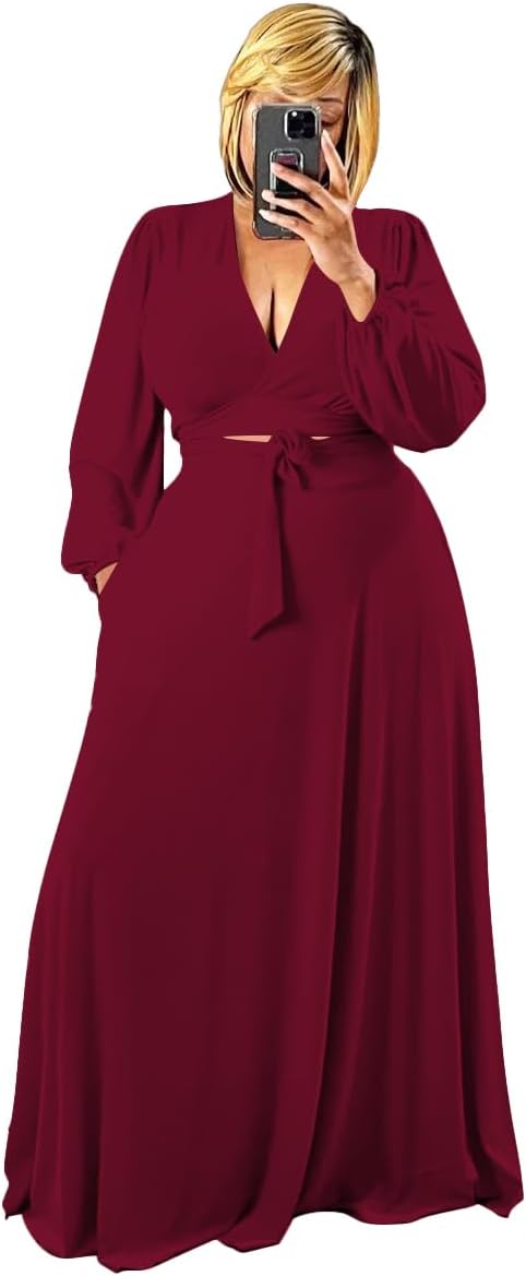 Plus Size Women's 2 Piece Outfits Casual Long Sleeve Wrap Crop Top Maxi Long Dress Flowy Matching Sets