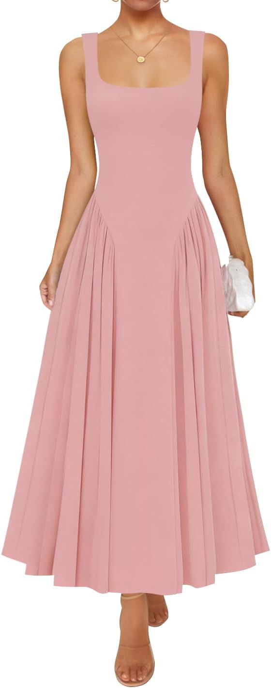 ZESICA Womens Summer Sleeveless Square Neck Vacation Sundress | Casual, A Line, Drop Waist, Beach Flowy, Maxi Dress, Elegant Formal, Wedding Guest, Cocktail Party