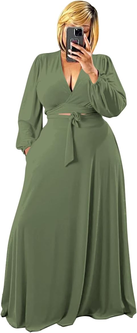 Plus Size Women's 2 Piece Outfits Casual Long Sleeve Wrap Crop Top Maxi Long Dress Flowy Matching Sets