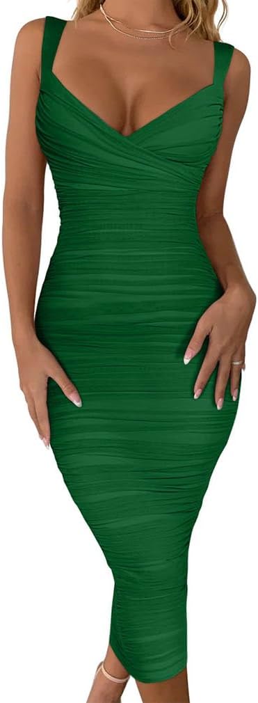 BEAGIMEG Women's Sexy Bodycon Sleeveless Ruched Mesh Club Party Midi Dress