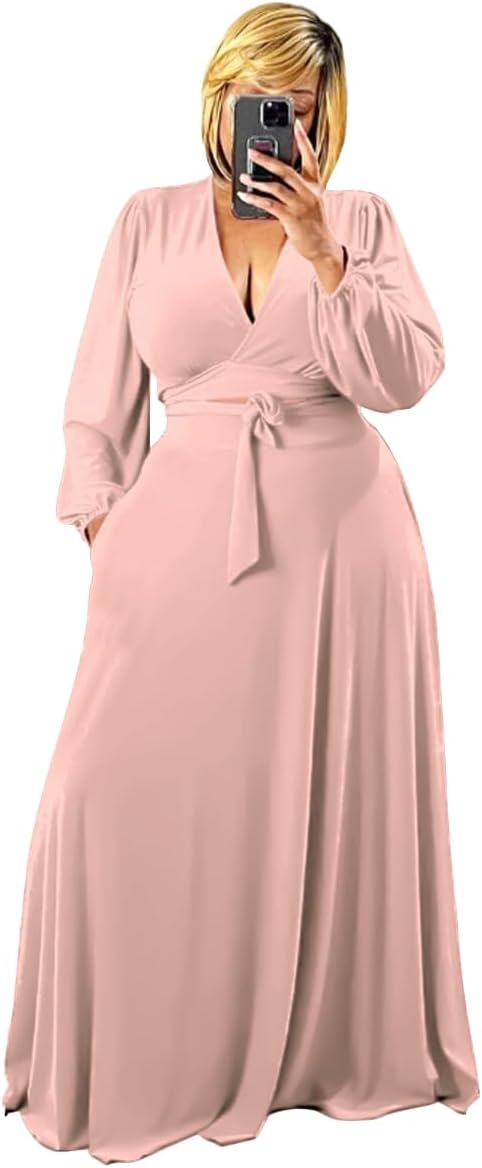Plus Size Women's 2 Piece Outfits Casual Long Sleeve Wrap Crop Top Maxi Long Dress Flowy Matching Sets
