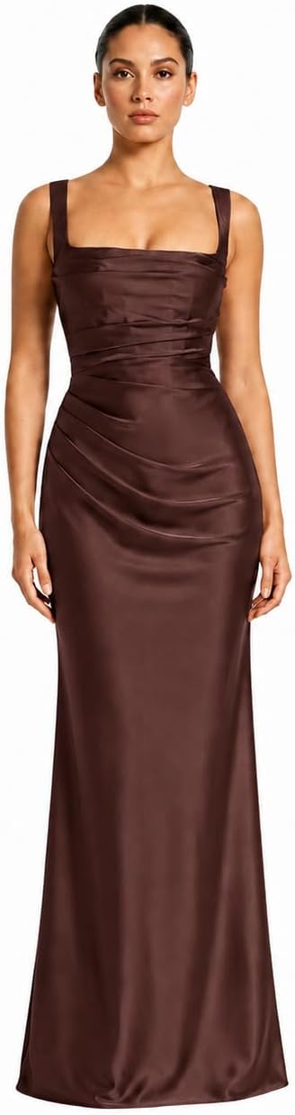 Krumba Women Formal Bodycon Dress: Satin Evening Party Gown | Lace-up Back Ruched Waist Maxi - Square Neck - Smooth Satin-Look Sheen - Wedding Reception Wear - Wedding Prom Cocktail