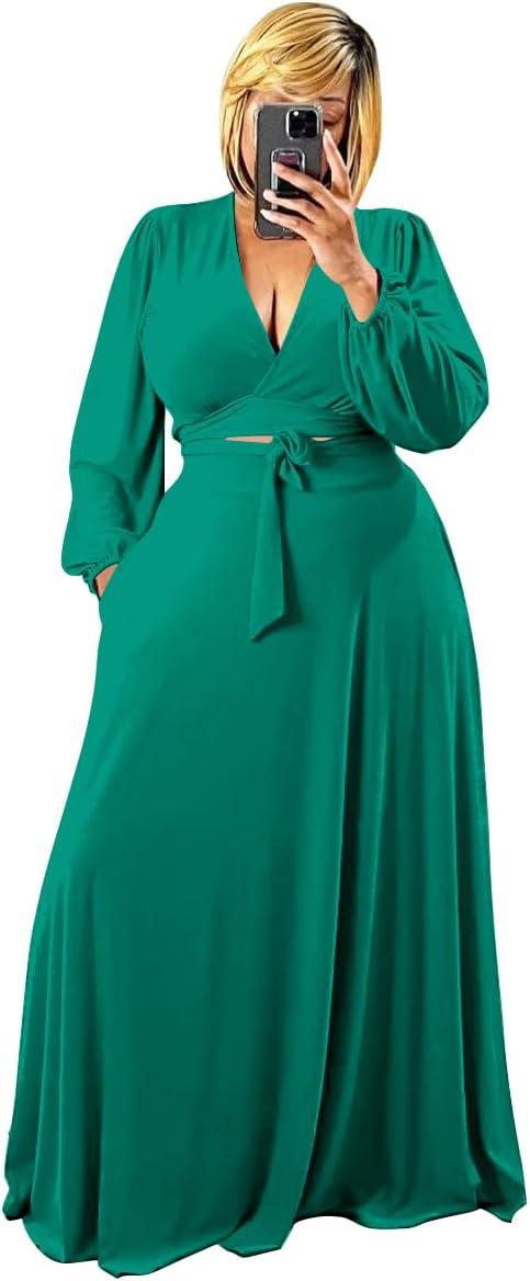 Plus Size Women's 2 Piece Outfits Casual Long Sleeve Wrap Crop Top Maxi Long Dress Flowy Matching Sets