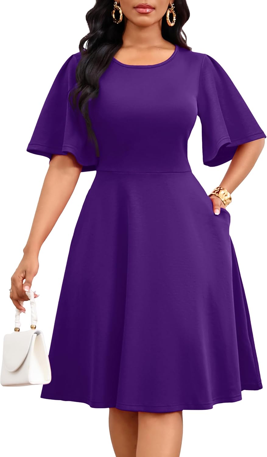 Nmoder Women Ruffle Flared Sleeve Wedding Guest Church A-Line Midi Dress | Flowy short sleeve hiding the arm, practical pockets and zipper, classic crewneck, light and breathable fabric for summer