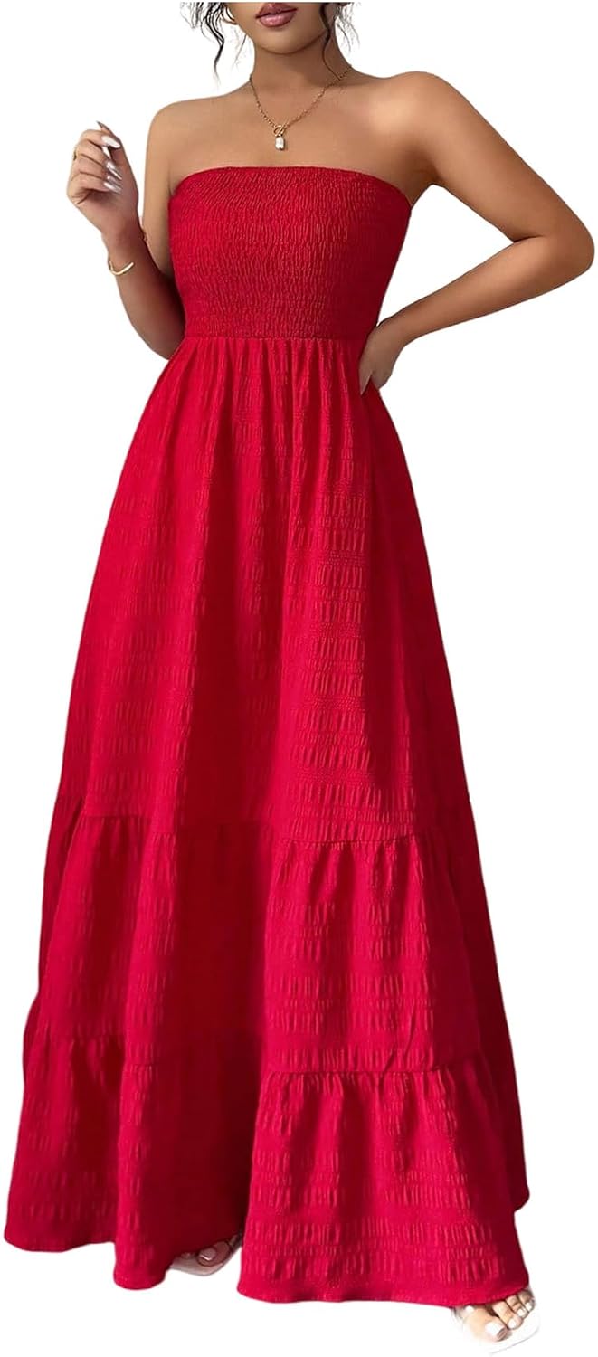 SHENHE Women's Strapless Tube Top Maxi Dress A Line Tiered Flowy Dress | Smocked Waist, Ruffle, Textured, Party Dress, Vacation Dress