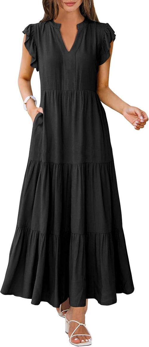 ANRABESS Womens Summer Dress Ruffle Sleeve V Neck Vacation Maxi Dresses | Flowy Tiered Boho Beach Sundress, Casual Fit Long Dress with Pockets, Soft Fashion Work Outfits 2026