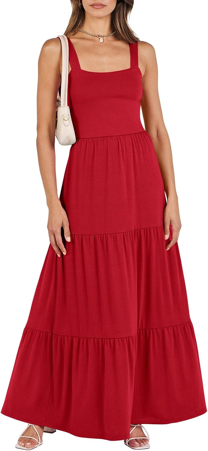 ANRABESS Women's Summer Flowy Maxi Dress Square Neck Sundress with Pockets | Casual Beach Travel Vacation Sleeveless Sun Dress, A-line Boho Tiered Tank Top Long Dresses