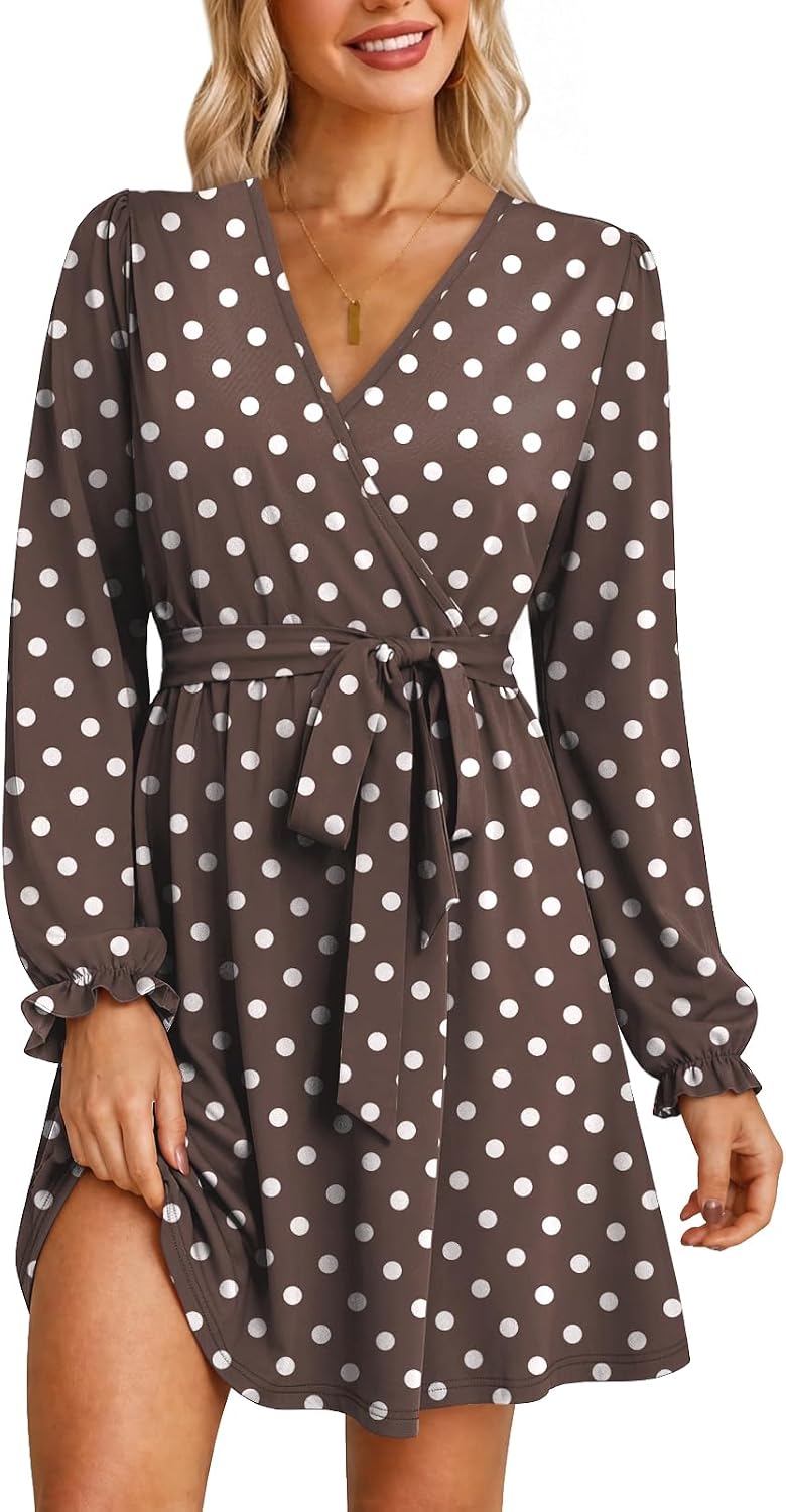 OFEEFAN Womens Wrap V Neck Dress Long Sleeve Belted Fall a Line Dress 2026 | Knee Length Dress,Wedding Guest Dress,Elastic Waist with Belt,Soft Stretch Fabric,Dressy Casual,Solid Floral Prints