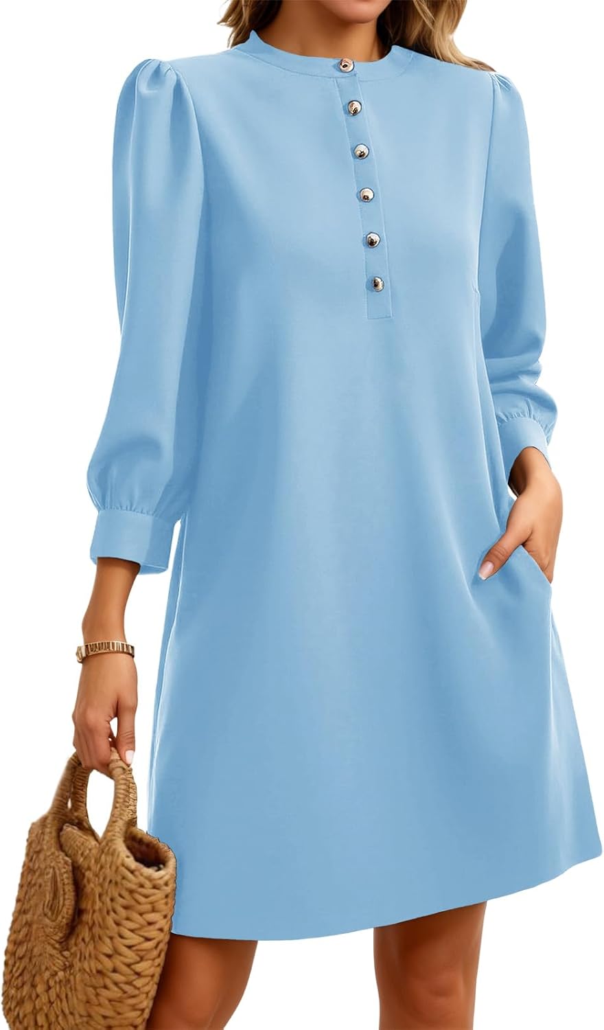 Wenrine Womens 3\/4 Puff Sleeve Mini Dress Button Crewneck Elegant Casual Business Shift Dresses 2026