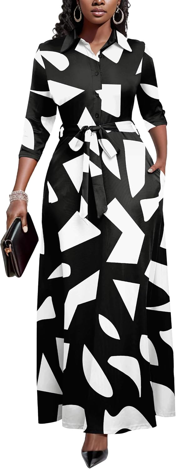 Runwind Womens Maxi Dress 3\/4 Sleeve Button Down Church Dress with Pockets | lapel neck tie waist long dress with belt\/ casual bussiness office dress\/ elegant for wedding guest, dinner party