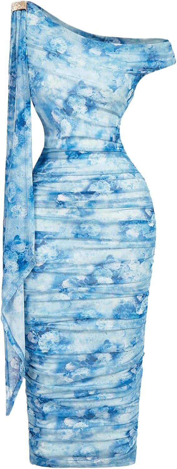 Floerns Women's Elegant Off The Shoulder Midi Dress Metal Sleeveless Ruched Slim Fit Bodycon Party Dresses