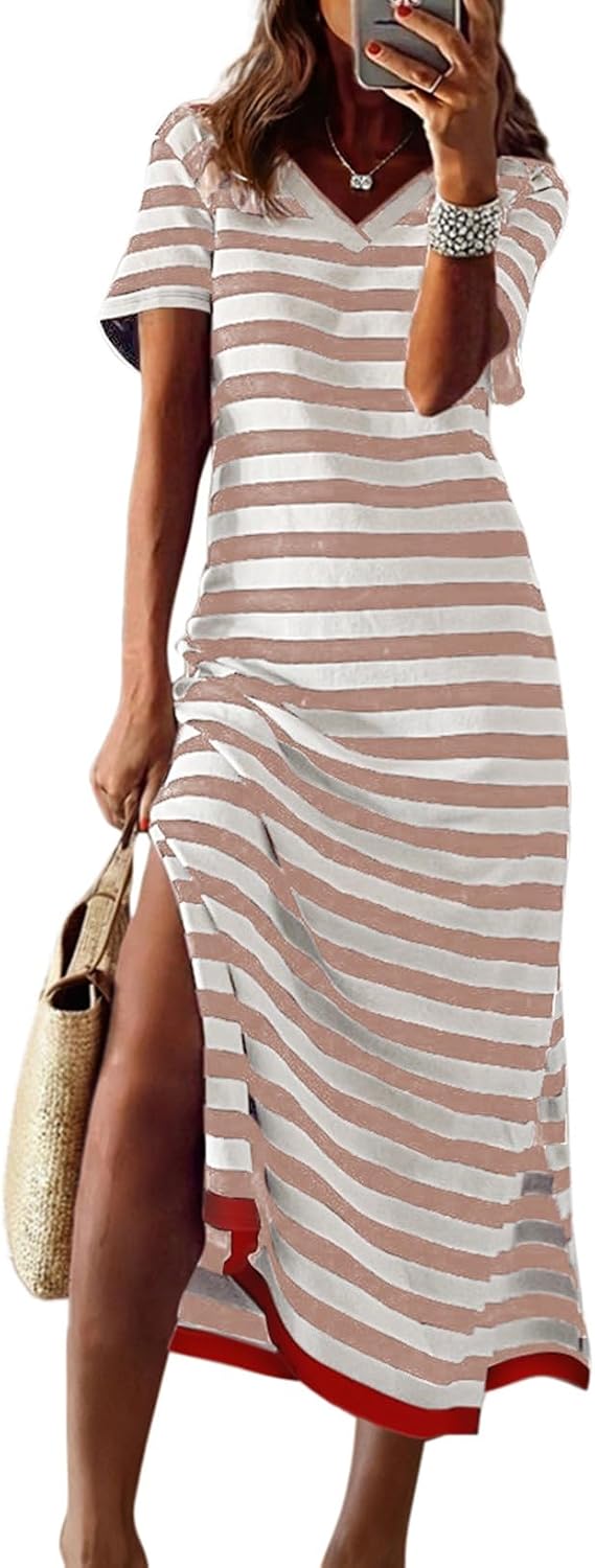 Dokotoo Womens 2026 Short Sleeve Maxi Dress Striped Split T Shirt Dress | Summer Spring Fall,V Neck,Long Dresses,Sundress,Casual Trendy,Vacation Cruise Outfits,Resort Wear