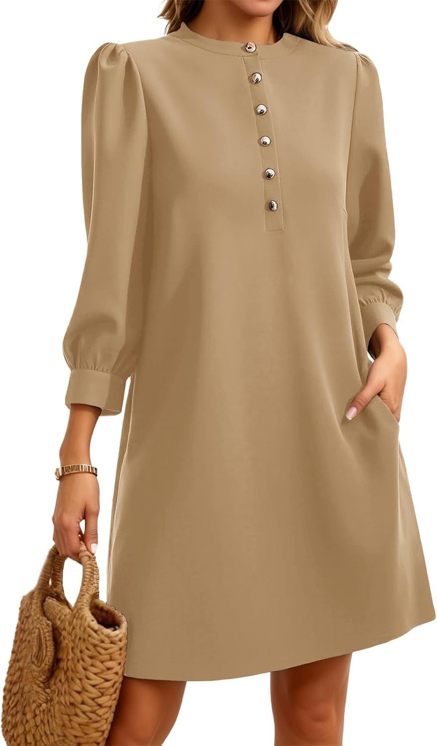 Wenrine Womens 3\/4 Puff Sleeve Mini Dress Button Crewneck Elegant Casual Business Shift Dresses 2026