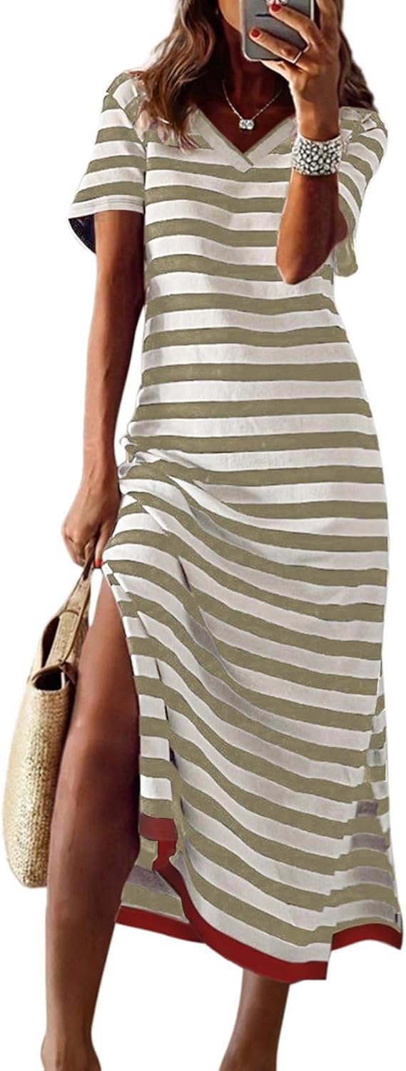 Dokotoo Womens 2026 Short Sleeve Maxi Dress Striped Split T Shirt Dress | Summer Spring Fall,V Neck,Long Dresses,Sundress,Casual Trendy,Vacation Cruise Outfits,Resort Wear