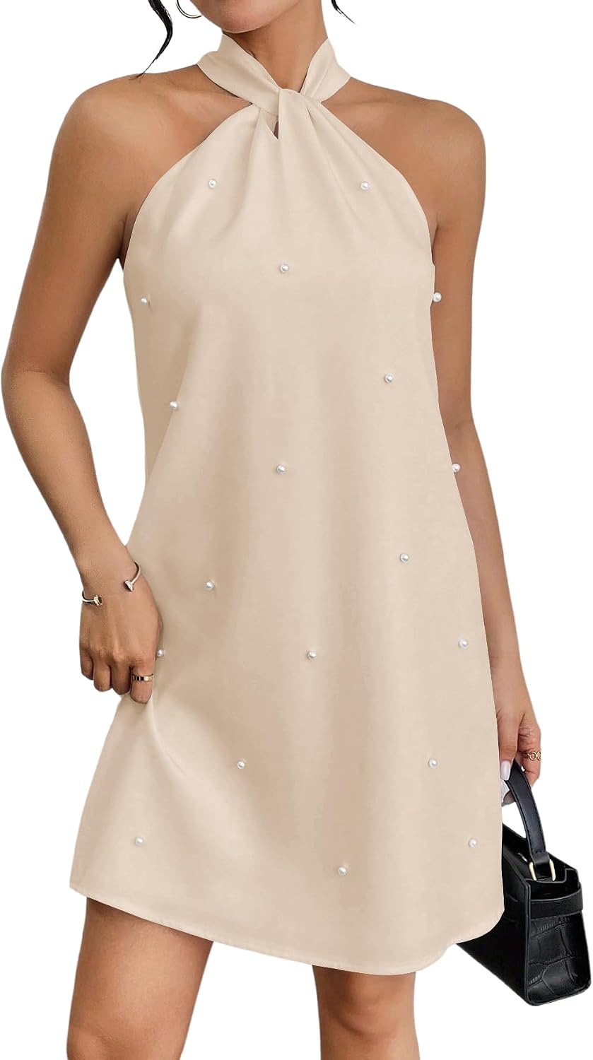 Floerns Women's Pearl Beaded Halter Twist Sleeveless Tie Back Dress | Garden Wedding Guest, Cocktail, Going Out, Pretty A Line, Vacation, Summer, Elegant Casual Outfit