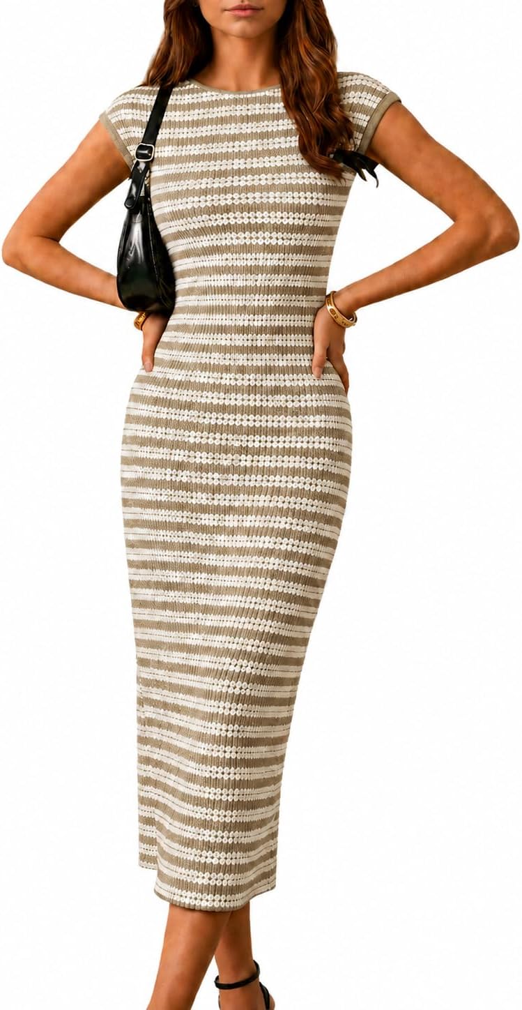 itnpbwus Women's Striped Midi Dress Casual Work Crew Neck Cap Sleeve Knit | Business Casual Dress for Womens Summer Cinched Waist Bodycon Sheer See Through Crochet for Maternity, Office, Beach, Travel