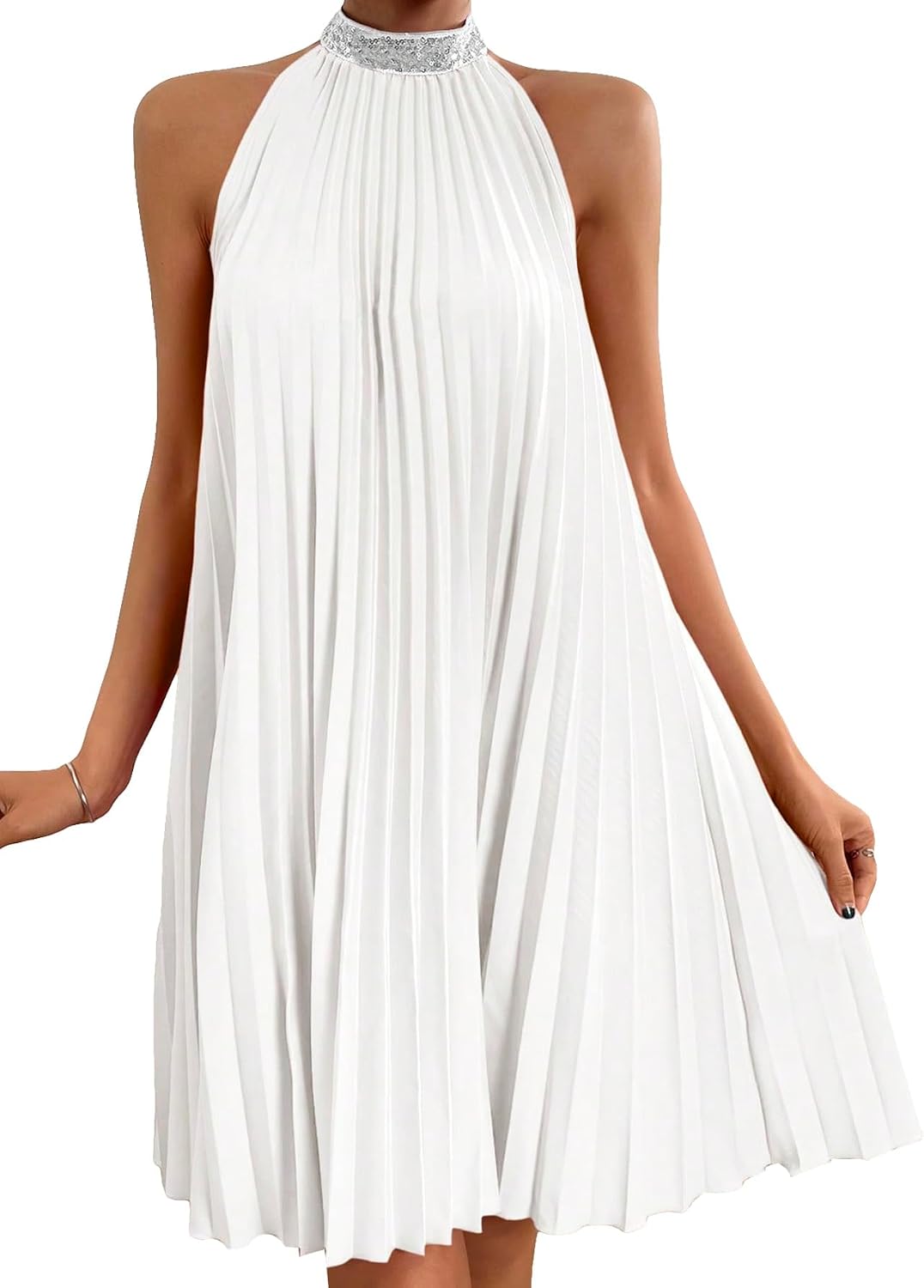Floerns Women's Pearl Beaded Halter Twist Sleeveless Tie Back Dress | Garden Wedding Guest, Cocktail, Going Out, Pretty A Line, Vacation, Summer, Elegant Casual Outfit