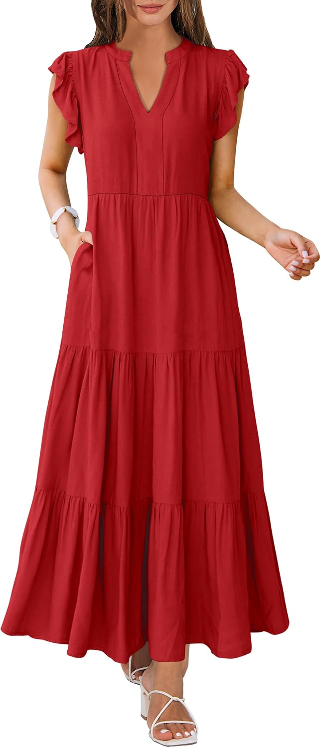 ANRABESS Womens Summer Dress Ruffle Sleeve V Neck Vacation Maxi Dresses | Flowy Tiered Boho Beach Sundress, Casual Fit Long Dress with Pockets, Soft Fashion Work Outfits 2026