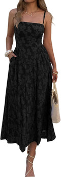 Evzeiem Women's Wedding Guest Spaghetti Strap Maxi Dress with Pockets | Square Neck Floral Jacquard, Flowy A\u2011line Cut, Boho Casual Summer Long Sundress for Cocktail, Bridal Shower & Beach Vacation