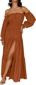 ZESICA Womens Fall Long Sleeve Boho Off Shoulder Maxi Dresses | Sexy Side Split, Flowy A Line, Puff\/Lantern Sleeve, High Waist, 2026 Trendy Long Dress, Wedding Guest Dress, Maternity Dress