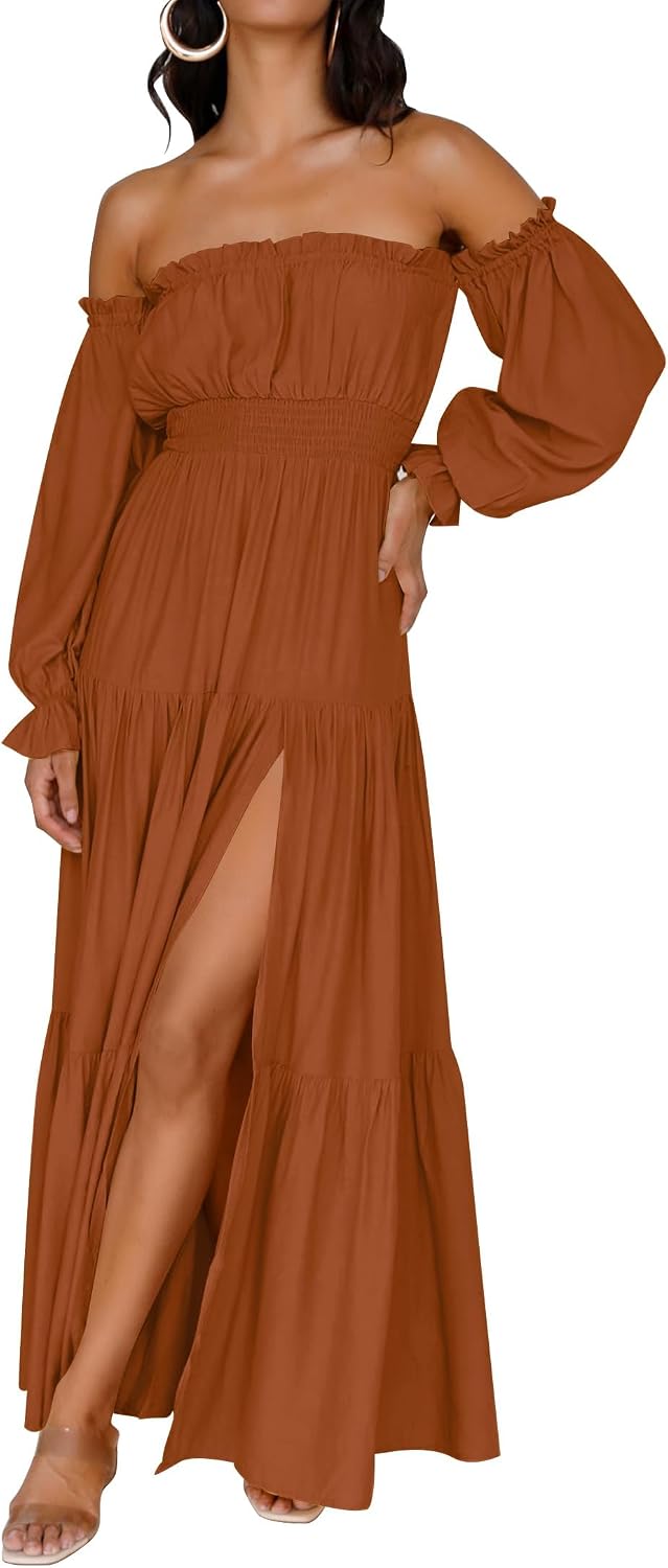 ZESICA Womens Fall Long Sleeve Boho Off Shoulder Maxi Dresses | Sexy Side Split, Flowy A Line, Puff\/Lantern Sleeve, High Waist, 2026 Trendy Long Dress, Wedding Guest Dress, Maternity Dress