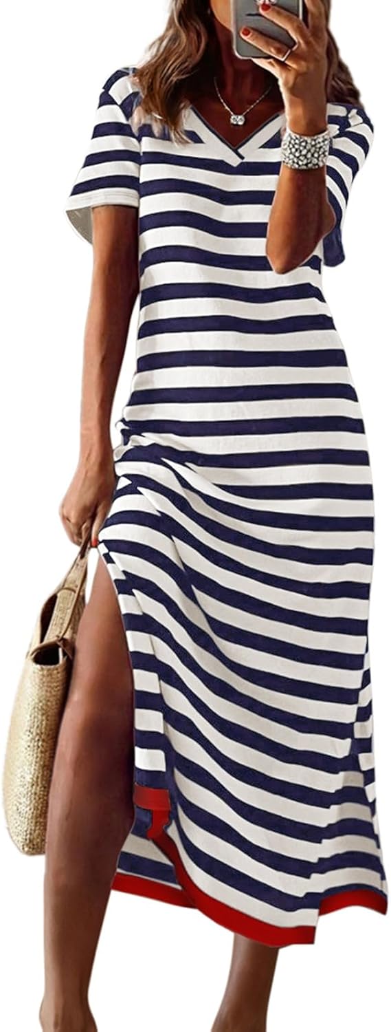 Dokotoo Womens 2026 Short Sleeve Maxi Dress Striped Split T Shirt Dress | Summer Spring Fall,V Neck,Long Dresses,Sundress,Casual Trendy,Vacation Cruise Outfits,Resort Wear