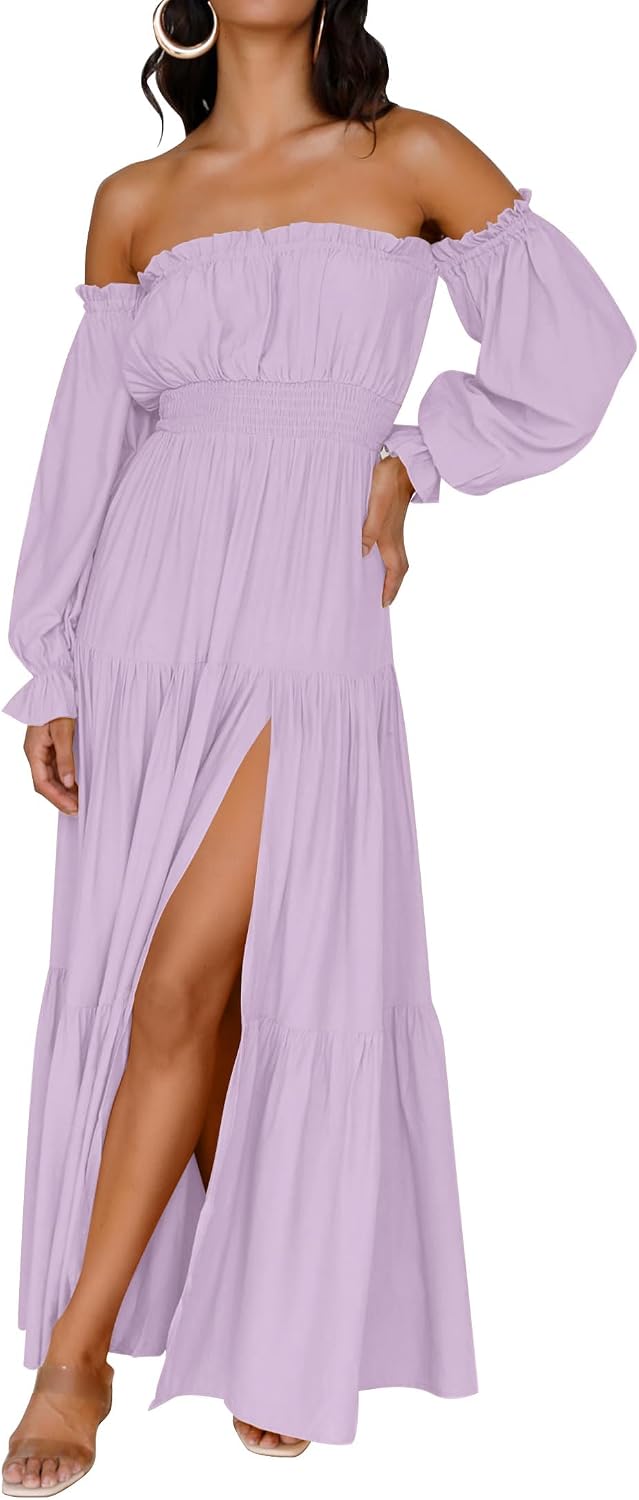 ZESICA Womens Fall Long Sleeve Boho Off Shoulder Maxi Dresses | Sexy Side Split, Flowy A Line, Puff\/Lantern Sleeve, High Waist, 2026 Trendy Long Dress, Wedding Guest Dress, Maternity Dress