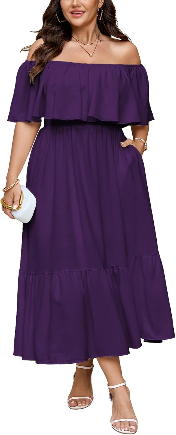 SCOMCHIC Womens Plus Size Wedding Guest Cocktail Dresses | Off The Shoulder, Smocked Waist， Ruffle Slit， Maxi Dress with Pockets