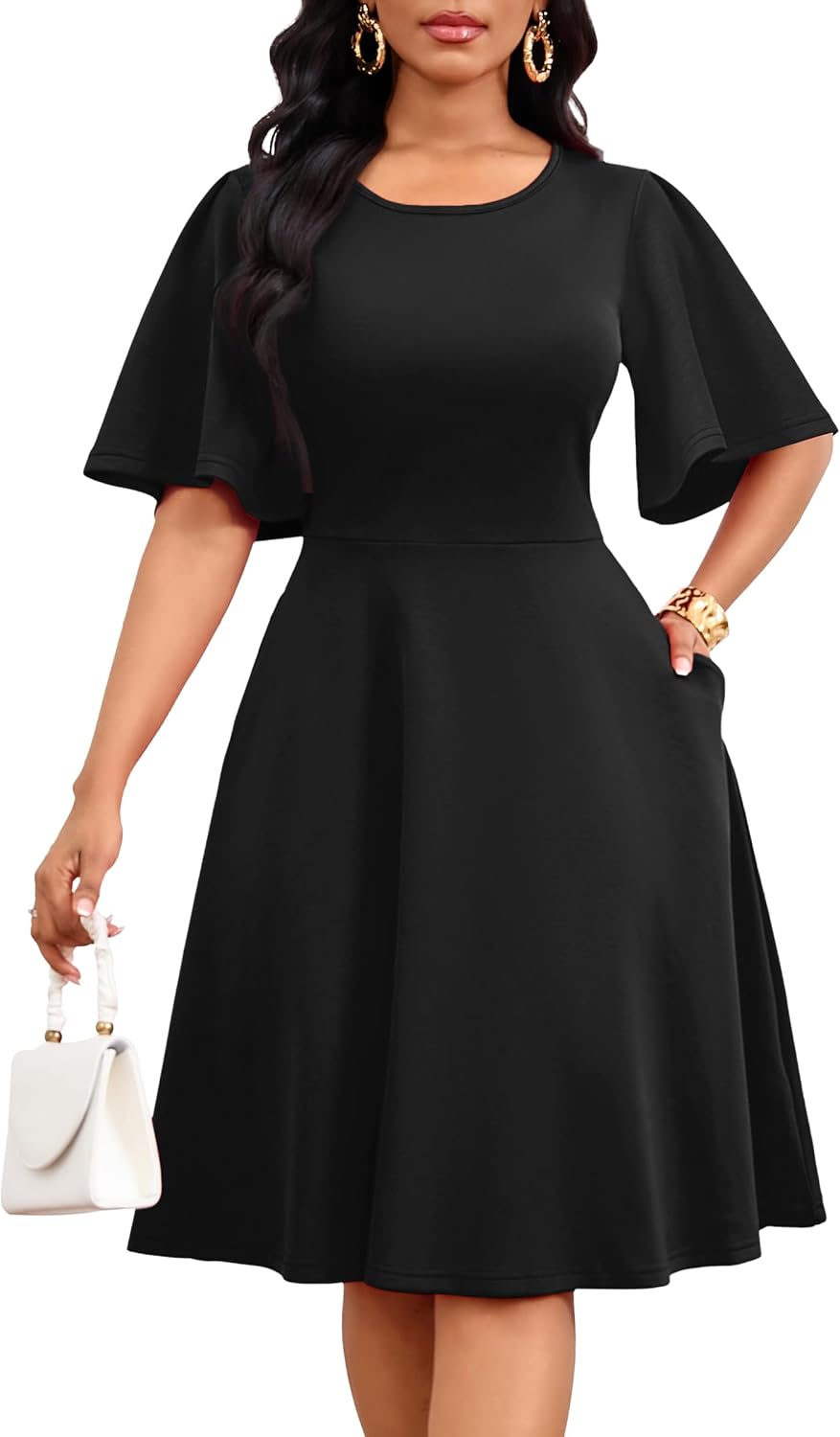 Nmoder Women Ruffle Flared Sleeve Wedding Guest Church A-Line Midi Dress | Flowy short sleeve hiding the arm, practical pockets and zipper, classic crewneck, light and breathable fabric for summer