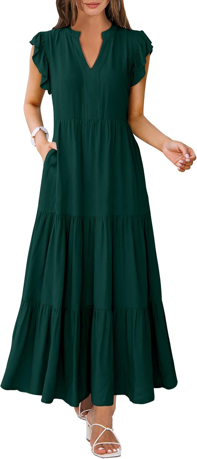 ANRABESS Womens Summer Dress Ruffle Sleeve V Neck Vacation Maxi Dresses | Flowy Tiered Boho Beach Sundress, Casual Fit Long Dress with Pockets, Soft Fashion Work Outfits 2026