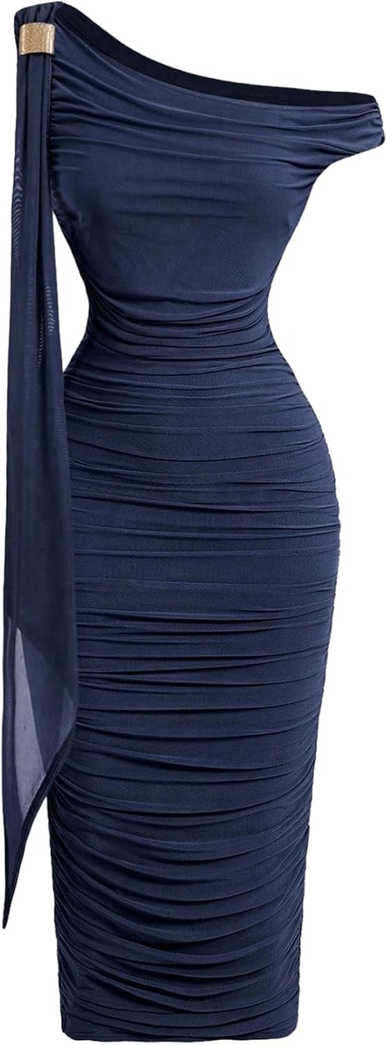 Floerns Women's Elegant Off The Shoulder Midi Dress Metal Sleeveless Ruched Slim Fit Bodycon Party Dresses