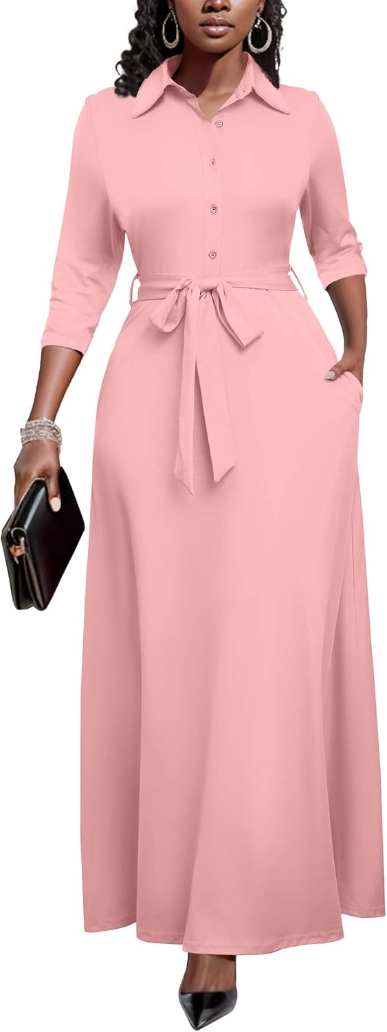 Runwind Womens Maxi Dress 3\/4 Sleeve Button Down Church Dress with Pockets | lapel neck tie waist long dress with belt\/ casual bussiness office dress\/ elegant for wedding guest, dinner party