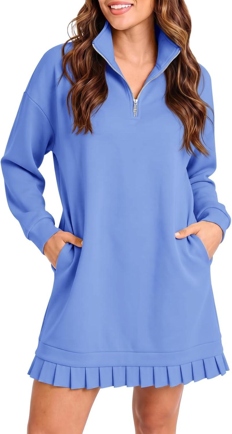 Fisoew Womens Casual Dress Half Zip Pleated Collared Sweatshirt Dresses | Long Sleeve, V Neck, Pockets, Stand Collar, Quarter Zip, Loose Fit, Active, Workout, Cozy, Travel, Vacation, Tunic, Tshirt