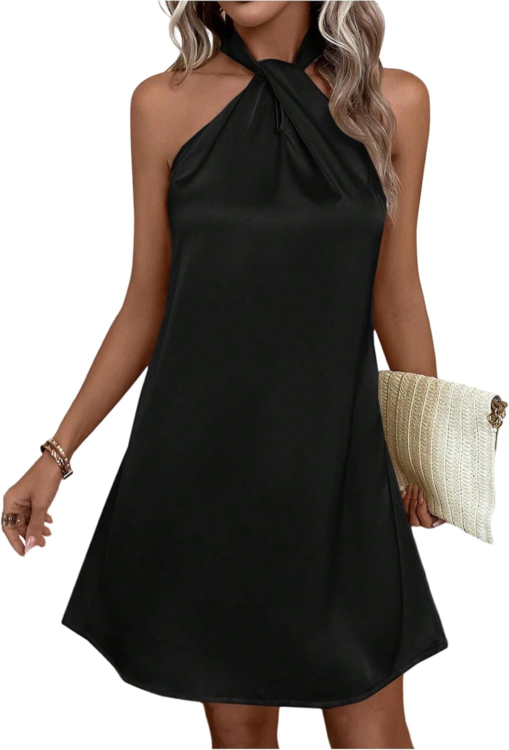 Floerns Women's Pearl Beaded Halter Twist Sleeveless Tie Back Dress | Garden Wedding Guest, Cocktail, Going Out, Pretty A Line, Vacation, Summer, Elegant Casual Outfit