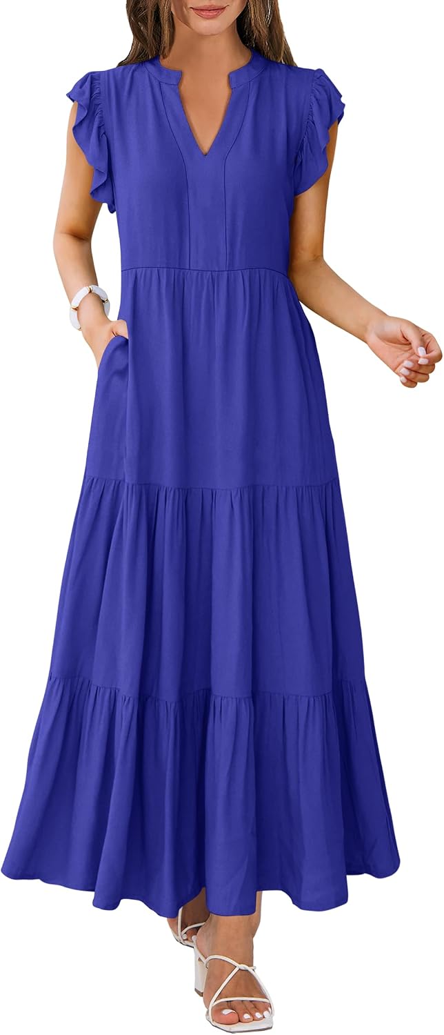 ANRABESS Womens Summer Dress Ruffle Sleeve V Neck Vacation Maxi Dresses | Flowy Tiered Boho Beach Sundress, Casual Fit Long Dress with Pockets, Soft Fashion Work Outfits 2026