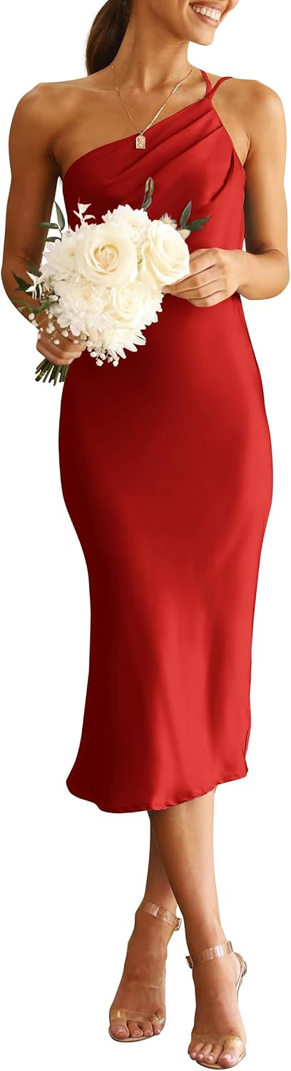PRETTYGARDEN Women's Satin Backless Midi Cocktail Dress | Silk Fabric, Spaghetti Strap, One Shoulder Asymmetrical, Ruched Bodycon, Wedding Guest Party, Semi Formal Summer Outfits