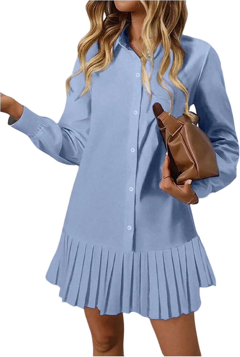 SOLY HUX Women's Button Down Long Sleeve Shirt Dress | Collared, Pleated, Swing Mini Dresses