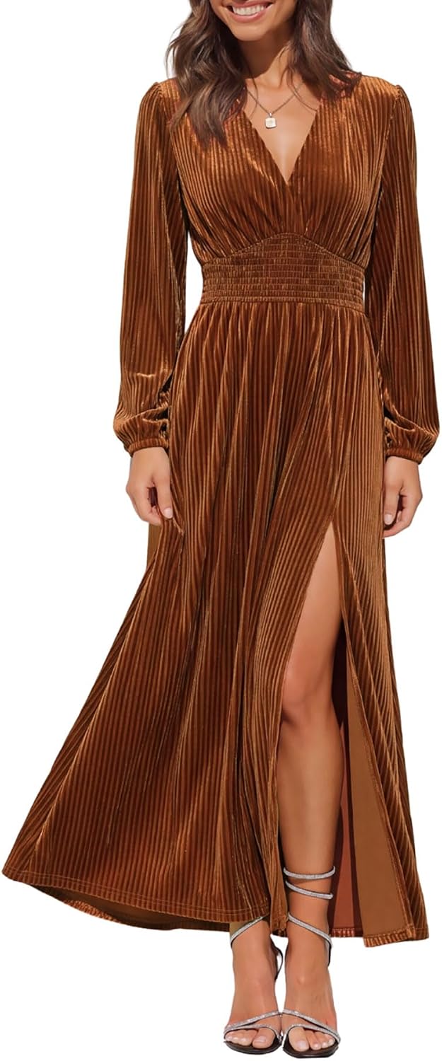 Sissyaki Women's Velvet Long Sleeve Maxi Dress Formal Wedding Guest Cocktail Dress for Fall Winter