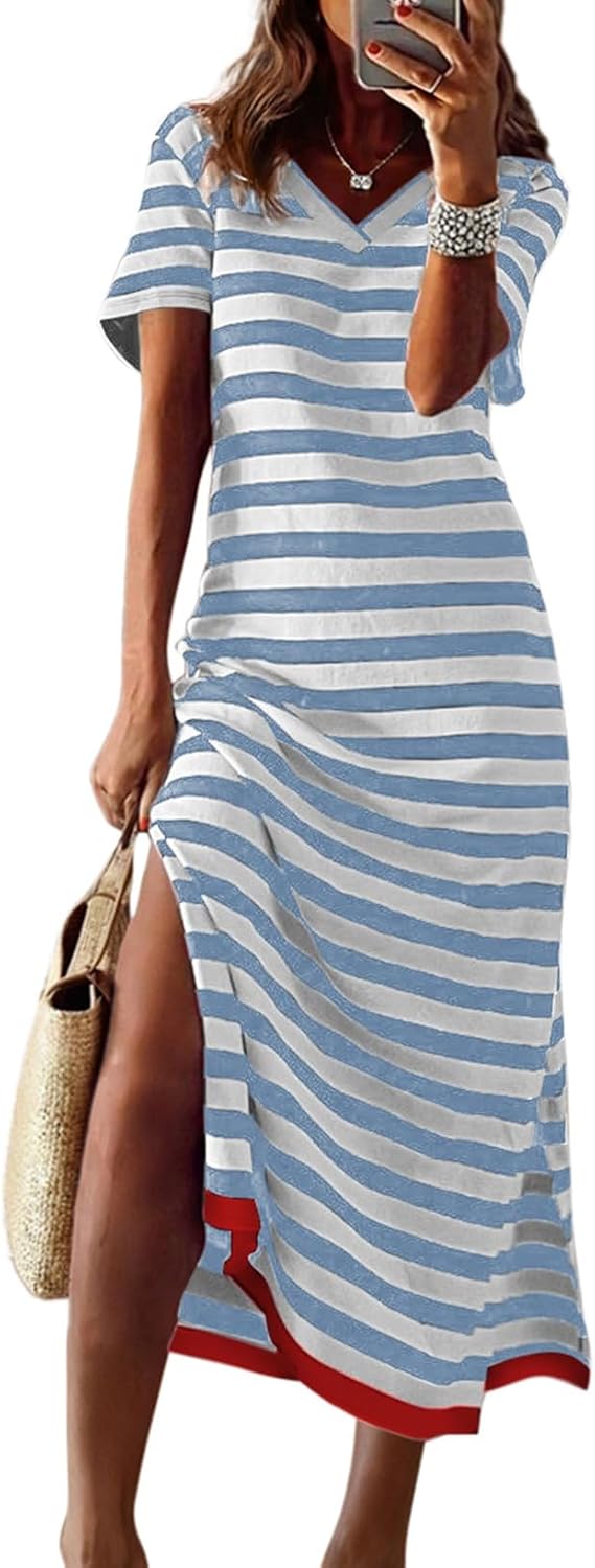 Dokotoo Womens 2026 Short Sleeve Maxi Dress Striped Split T Shirt Dress | Summer Spring Fall,V Neck,Long Dresses,Sundress,Casual Trendy,Vacation Cruise Outfits,Resort Wear