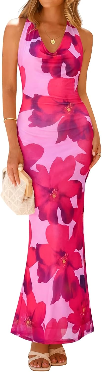 ZESICA Women's Summer Floral Halter Neck Sleeveless Maxi Dress | Elegant Backless Bodycon Long Dresses, Wedding Guest Cocktail Party Vacation Beach Dresses, 2026 Fashion Sundress