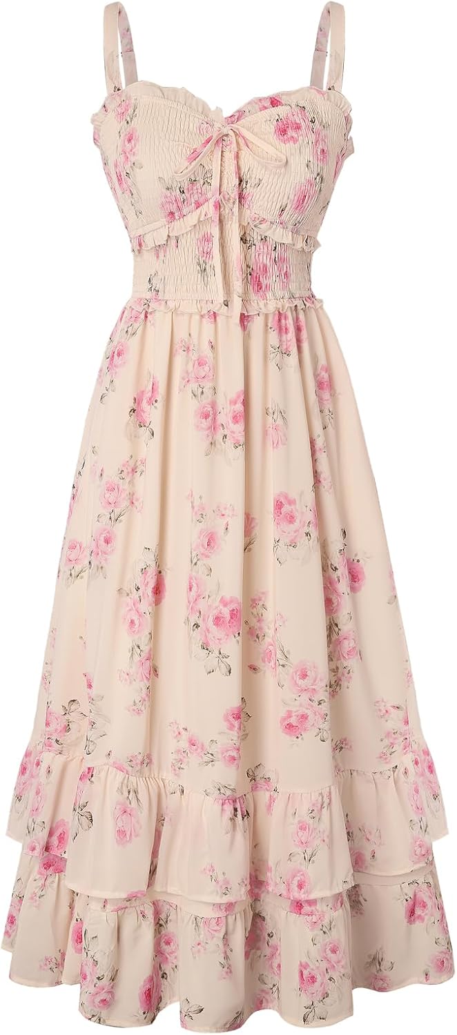 Scarlet Darkness Women's Floral Dress Smocked Sundress with Pockets | Cottagecore Milkmaid Summer Spring Dresses, A line, Flowy, Ankle Length, for Casual, Vacation, Wedding Guest, Tea Party