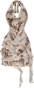 Floerns Women's Cheetah Draped Halter Mini Dress Tiered Ruffle Club Outfits | Backless, Leopard, Y2K, Rave Festival, Concert Outfits, Going Out Dresses