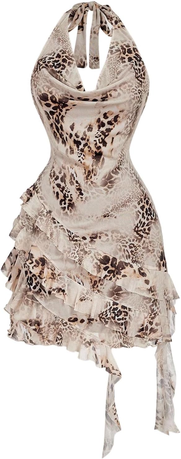 Floerns Women's Cheetah Draped Halter Mini Dress Tiered Ruffle Club Outfits | Backless, Leopard, Y2K, Rave Festival, Concert Outfits, Going Out Dresses